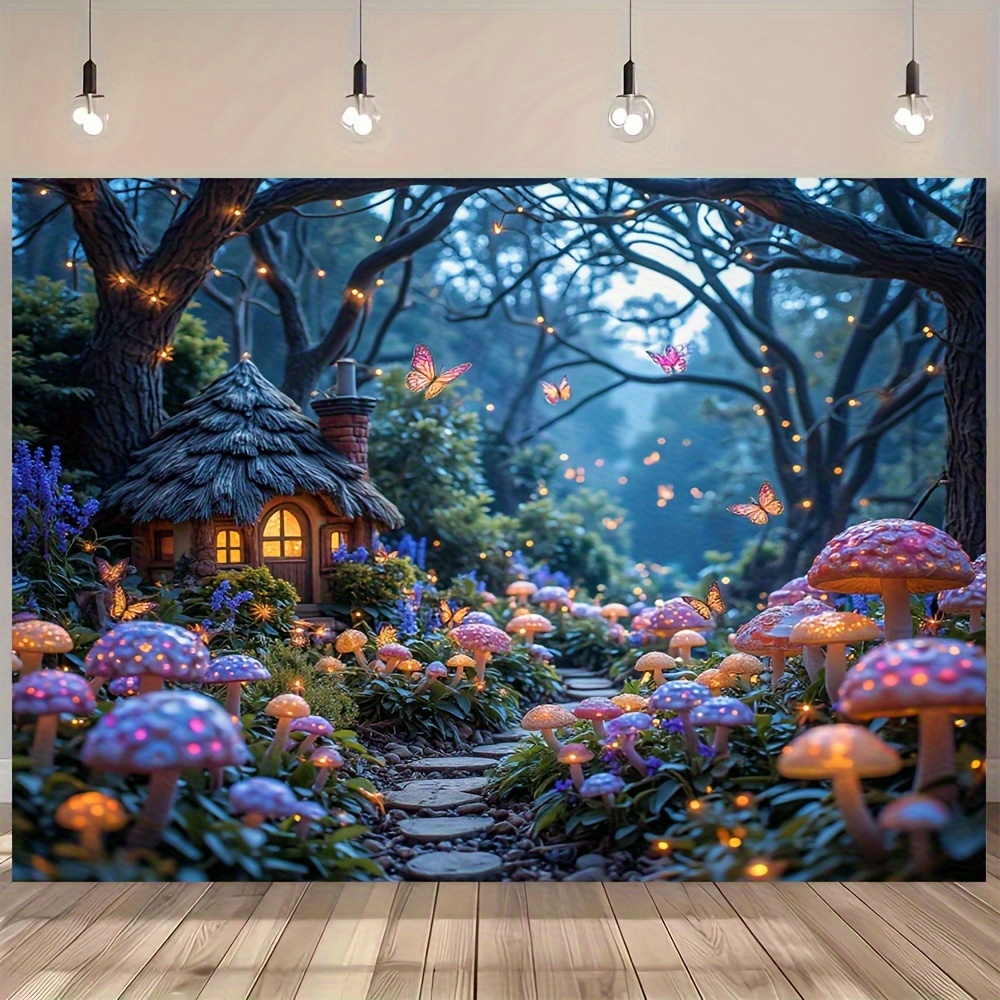 Photography Graphic Design - 2Dグラフィックデザイン、一体型パッケージ、魔法のキノコの森と蝶の情景を描いたタペストリー、ポリエステル生地、ボヘミアン風の花柄ウォールデコレーション、ホリデーデコレーション、室内装飾、写真撮影用背景、パーティーデコレーション
