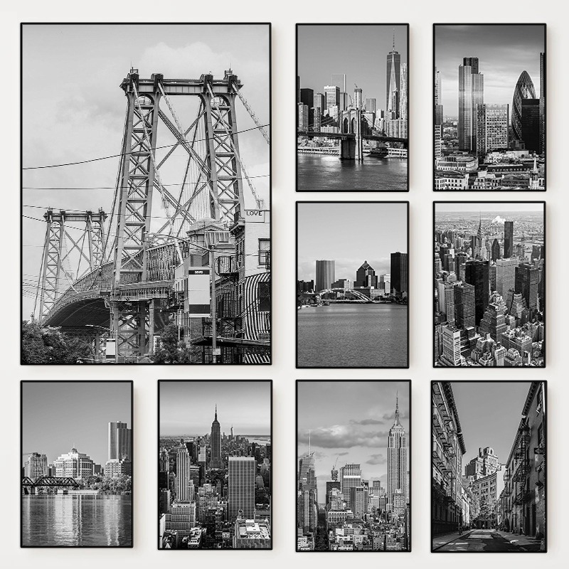 Photography Landscape - 黒と白のニューヨーク市写真ポスター、ニューヨーク地図、旅行用キャンバス絵画、ウォールアート写真、リビングルーム、家の装飾用