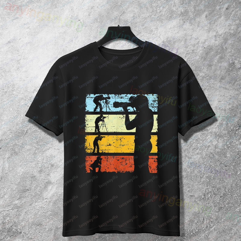 Photography Graphic Design - レトロカメラ＆フィルム写真デザイングラフィックTシャツ 100%コットン 半袖 カジュアル ストリートウェア アウトドアTシャツ