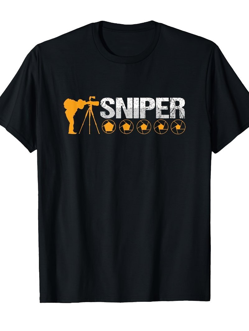 Photography Graphic Design - メンズ写真グラフィックTシャツ：スナイパーフォトグラファーカメラシャッターファンデザイン、白とオレンジのプリント入りカジュアルクルーネック